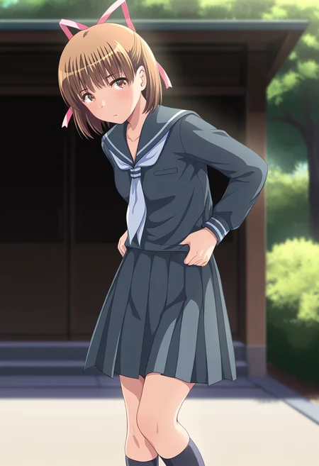 masterpiece, best quality, amazing quality, 1girl, solo, koyukiww, brown eyes, brown hair, short hair, pink hair ribbon, small breasts, school uniform, dark grey serafuku, long sleeves, dark grey pleated skirt, black socks, shoes, <lora:Shintaisou_Shin_Koyuki_Fujimiya_ill:0.9>, standing, both hands on waistband, pulling down pants, looking at viewer, outdoors, skindentation, detailed clothing folds, depth of field, sharp, high contrast, dynamic light