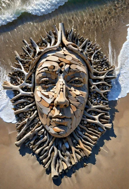 (drift wood washes up on the shore, all the tiny parts of drift wood form together to create a perfect shape of a Driftwood Face on the shore), abstract, 3d render, strong, insanely intricate details, (masterpiece), breathtaking natures art work