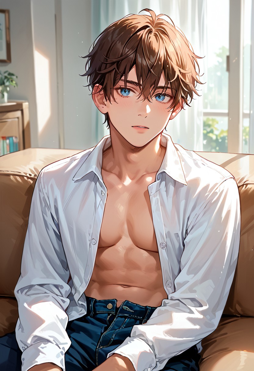 score_9, score_8_up, score_7_up, rating_safe,  1boy, Oren Diamond, longer hair, shirt, partially unbuttoned, sitting on couch, half body portrait,