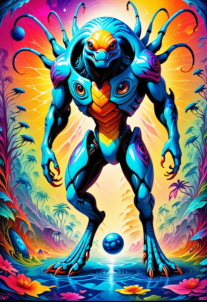 --(very aesthetic, best quality, ultra detailed), intricate details,
masterpiece, perfect, award winning, prize winning, concept art, Jed-Spl4sh, 
alien space creature, segmented body, multiple eyes,  techno insectoid, pudgy limbs, shiny body, chitlin, antenna, reflective body, alien planet, lush wildlife, colorful, vibrant colors, color contrast, bold lines, crisp lines, sharp lines , asymmetrical,