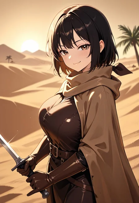 masterpiece, best quality, good quality, very aesthetic, absurdres, newest, 8K, depth of field,  in the style of cknc, artist:moriimee, in the style of cksc, 
1girl, short black hair, messy, brown eyes, large breasts, bouncy, leather bandana, tattered cloak, sandy skin, wielding dagger, smirking, looking at viewer, from side
BREAK
desert oasis, palm trees, sandstorm brewing
BREAK
warm light, golden tones, high contrast, dusty haze, rich details, adventurous vibe