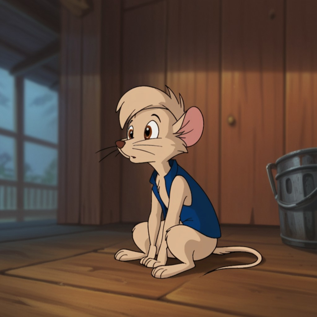 score_9, score_8_up, score_7_up, score_6_up, score_5_up, score_4_up, source_furry, Timmynimh2, semi-anthro, male, mouse, tan fur, brown eyes, short hair, blue vest, sitting, arms between legs, solo, 1boy, inside