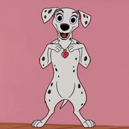 Perdita, 101 Dalmatians, Dog, Female dog, Disney, body fur, black eyes, ((bipedal))), anthro, fluffy fur, standing upright, looking directly at viewer, slightly mischievous, (pose:1.2), (((playing with hair))), large, expressive eyes, detailed paws, (((standing on two legs))),(((front view))), (((pampering self))), (((looking at viewer))), (((flirty))), (((eyelashes))), (((necklace with pink heart pendant))), solo, (((happy))), (((sweet))), (((smiling))), (((loving))), (((open mouth))), (((full body view))), (((half-open eyes))), detailed fur, pink background, detailed face, ((((((hands curled by chest)))))), directly facing viewer