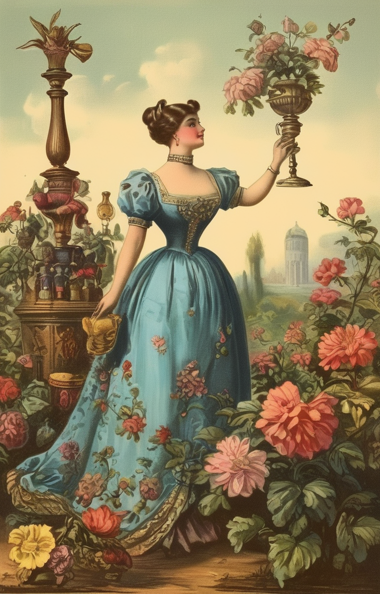 masterpiece,best quality,<lora:tbh261-sdxl:0.9>,illustration,style of Chromolithography A bottle of perfume in garden