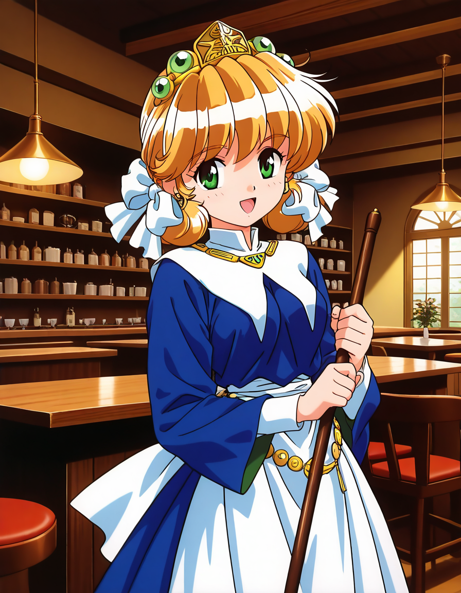 general,highres, ultra-detailed,very aesthetic,best quality ,best hands,  BREAK  <lora:Mahou_Shoujo_Meruru_IS:1>
Meruru, 1girl,solo, green eyes, blonde hair,  twintails, short hair, breasts,  BREAK, open mouth,
smile,looking at viewer, cowboy_Shot, BREAK,
Gothic Maid, cafe,
