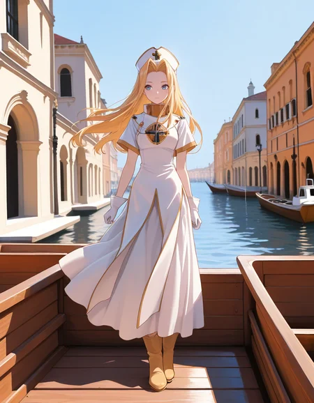 <lora:topmint_SDXL_Illustrious01_fp16_ver01:1>,ToPmint, 1girl, solo, hat, long hair, blonde hair,blue eyes, gloves,dress,cross,full body, boots,nurse cap,long skirt,upper body,boat,venice,, masterpiece, best quality, very aesthetic, absurdres,<lora:detailed_hands:1>,hand