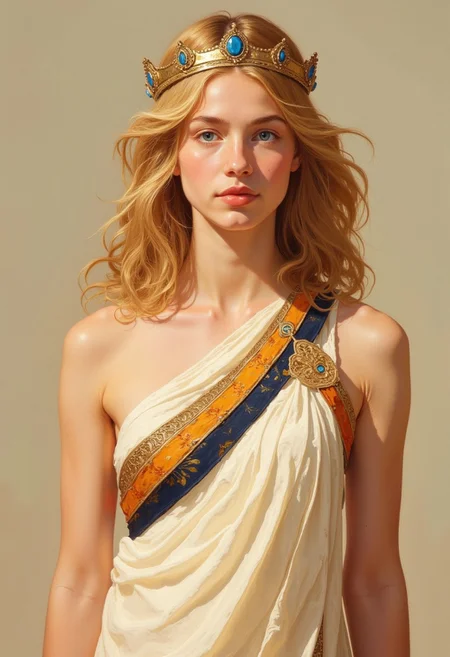 Full shot of a woman, likely a digital painting or illustration, styled as an ancient queen or goddess.
She has shoulder-length, rich golden-blonde wavy hair. A golden crown, adorned with blue gemstones, rests atop her head.
Her facial features are delicate and symmetrical, with light-colored skin, striking blue eyes, and full, rosy-colored lips. Her expression is serene and composed.
She is wearing a flowing, off-white robe or toga-style garment with a decorative border. The border features bands of orange-yellow and navy blue, with intricate, stylized patterns interspersed.
The lighting in the image is soft and warm, casting gentle shadows and highlighting the woman's form and the details of her attire. The background is a muted, light beige color., <lora:FLUX-daubrez-DB4RZ-v2:0.9> DB4RZ, DB4RZ style painting, <lora:ImpurePores:0.85> xlr_skin,