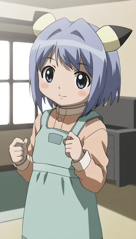 score_9, source_anime BREAK, oldest, anime screencap, indoors, living room, day, sunlight, <lora:Fuyuno Yoshikawa(pony)-11:1>FuyunoYoshikawa, short hair, blue hair, animal ears, pikachu, hair ornament, hair intakes,
pinafore dress, aqua dress, shirt, light orange shirt, long sleeves, collared shirt, chibi, looking at viewer, pose,