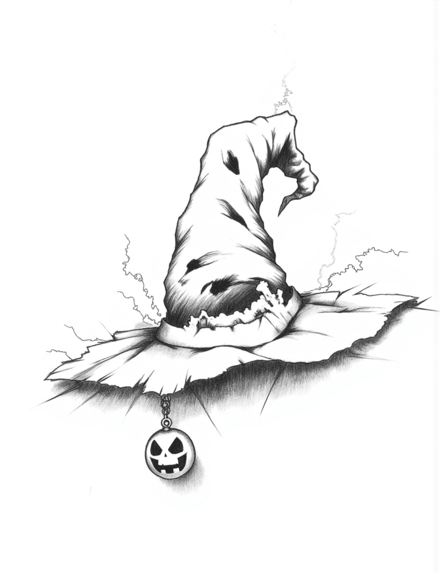 Halloween_Art_Style_Concept, A black-and-white sketch of an old, tattered witch hat. The brim is torn and jagged, with a crooked, twisted point that curls at the top. Spooky, ghostly mist seeps from within, while a small, sinister jack-o’-lantern charm dangles from the brim. Shadows give the hat a creepy, cursed vibe.