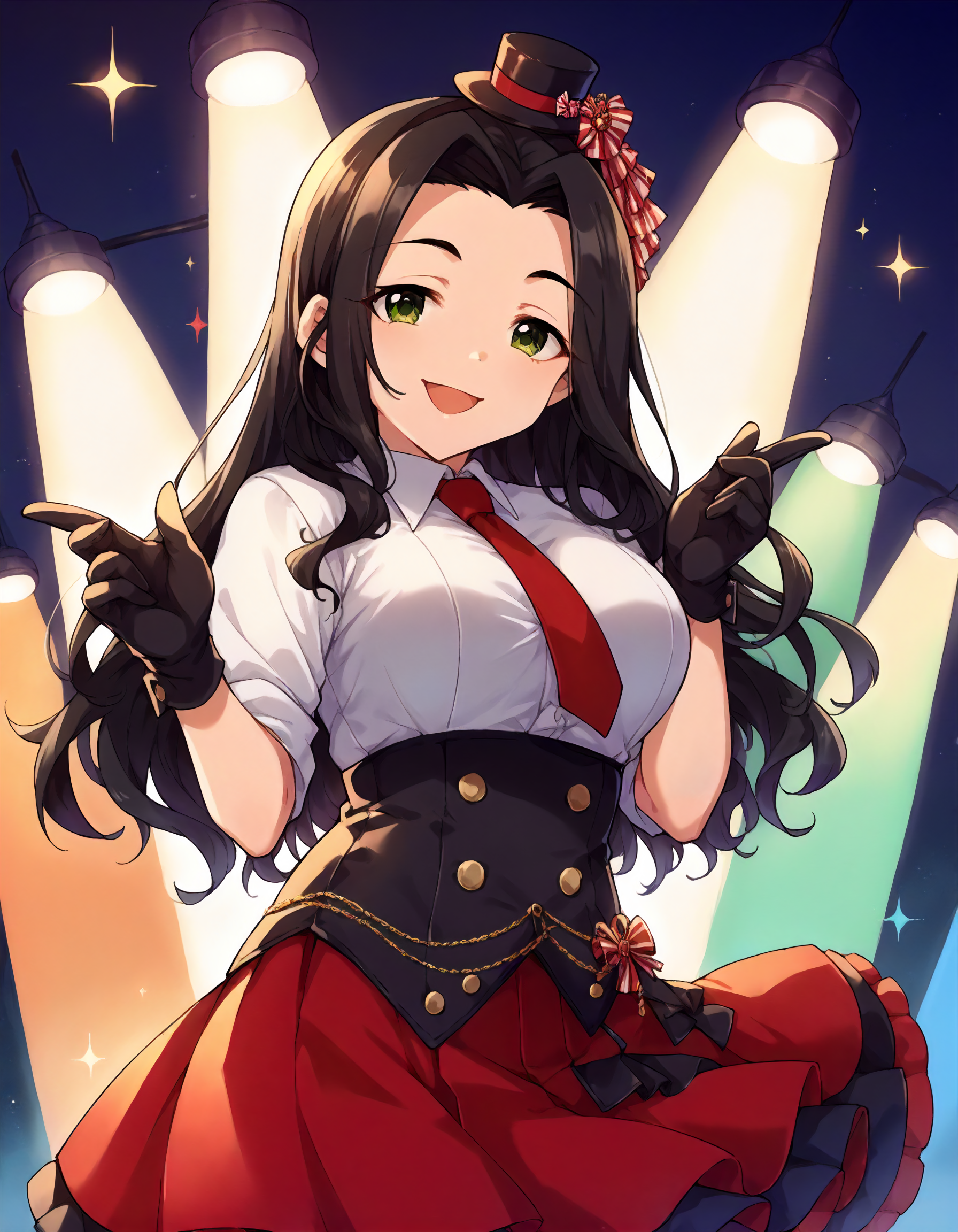 score_9,score_8_up,score_7_up,1girl,solo,cowboy shot,looking at viewer,smile,open mouth,stage lights,
<lora:ebiharanaho_ponyXLV6:0.8>,cgen,enhb,black hair,long hair,green eyes,
mini hat,white shirt,red necktie,red skirt,black gloves