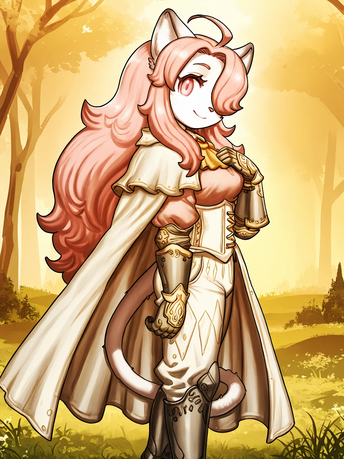 BREAK, <lora:Hanna_Fondant:1>, hanna fondant, fuga: melodies of steel, kemono, furry female, young female, 1girl, cat girl, white fur, pink eyes, pink hair, long hair, ahoge, hair over one eye, animal ears, cat ears, cat tail,
BREAK, Fuga 3 Outfit, metal boots, white pants, white top, white corset, gauntlets, white cape,
BREAK, solo, side view, outside, grass, trees, standing, closed mouth, looking at viewer, head tilt, smile, hand on chest,