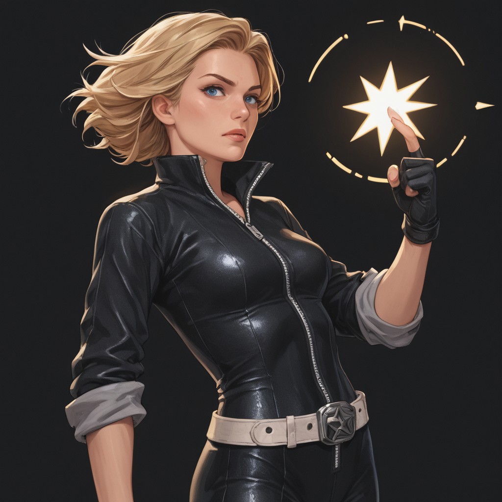 score_9, score_8_up, score_7_up, score_6_up, masterpiece, best quality, Dazhot, zler, blue eyes, blonde hair, alternate costume 2, black bodysuit, sleeves rolled up, zipper, dazzler symbol, silver symbol, belt, white star emblem on right breast, shiny clothes, black background, cowboy shot, standing, action cowboy shot, wide stance, looking at viewer,