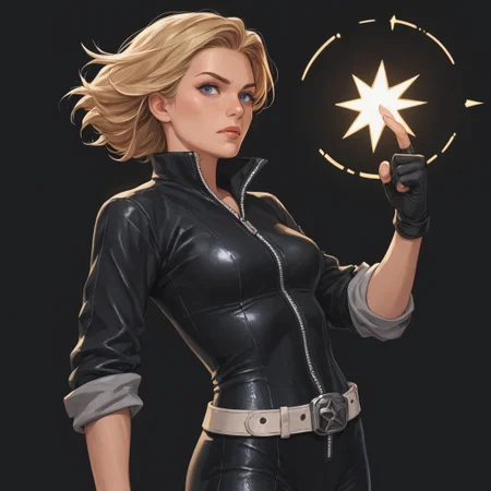 score_9, score_8_up, score_7_up, score_6_up, masterpiece, best quality, Dazhot, zler, blue eyes, blonde hair, alternate costume 2, black bodysuit, sleeves rolled up, zipper, dazzler symbol, silver symbol, belt, white star emblem on right breast, shiny clothes, black background, cowboy shot, standing, action cowboy shot, wide stance, looking at viewer,