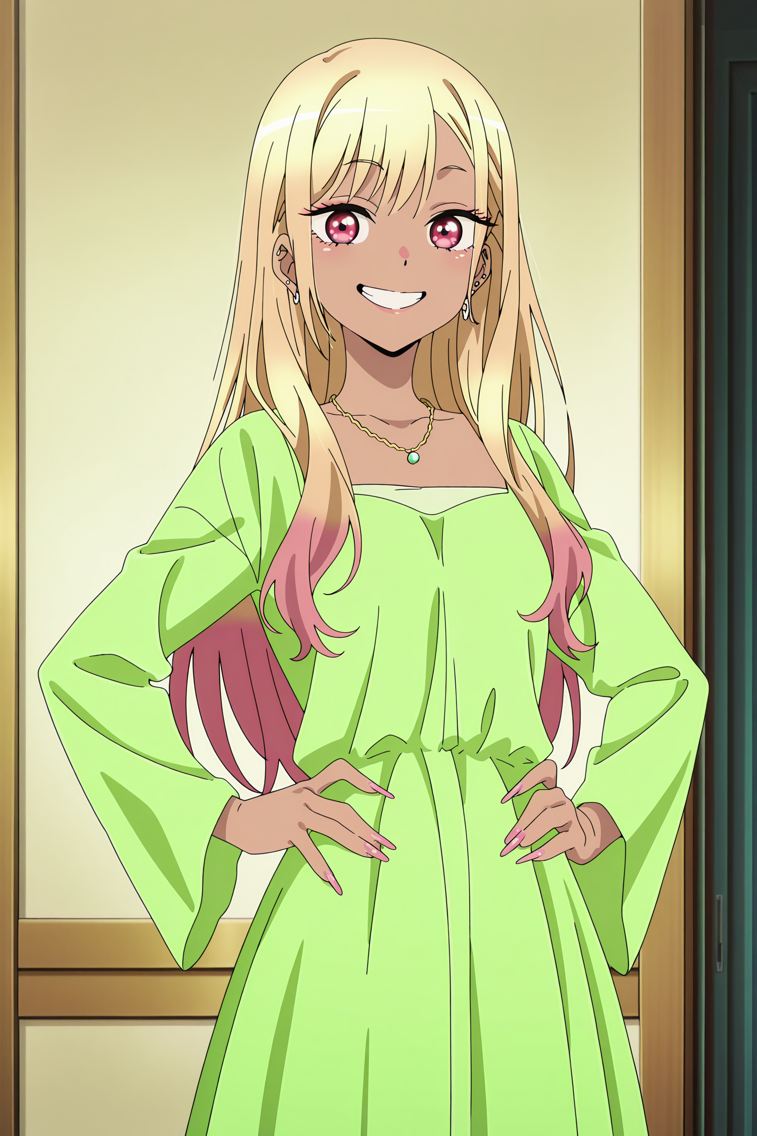 anime screencap, anime coloring, detailed face, masterpiece, best quality, very aesthetic, absurdres, volumetric lighting, official style, amazing quality, ultra detailed, highres, amazing quality, scenery, beautiful detailed hair, beautiful detailed eyes,
<lora:StS-Illustrious-Detail-Slider-v1.0:4>
<lora:Marin_Kitagawa_S1Arisa_Izayoi_cosplay_My_Dress-Up_Darling:1>, kitagawa marin,1girl, solo, blonde hair, long hair, multicolored hair, red eyes, pink nails, nail polish, long fingernails, earrings, ear piercing, necklace, barbell piercing,
looking at the viewer,
happy girl, cute grin,
spray tan Marin (appearance), dark skin and dark-skinned female, green dress, cowboy shot, hands on hips, from the side