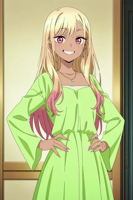 anime screencap, anime coloring, detailed face, masterpiece, best quality, very aesthetic, absurdres, volumetric lighting, official style, amazing quality, ultra detailed, highres, amazing quality, scenery, beautiful detailed hair, beautiful detailed eyes,
<lora:StS-Illustrious-Detail-Slider-v1.0:4>
<lora:Marin_Kitagawa_S1Arisa_Izayoi_cosplay_My_Dress-Up_Darling:1>, kitagawa marin,1girl, solo, blonde hair, long hair, multicolored hair, red eyes, pink nails, nail polish, long fingernails, earrings, ear piercing, necklace, barbell piercing,
looking at the viewer,
happy girl, cute grin,
spray tan Marin (appearance), dark skin and dark-skinned female, green dress, cowboy shot, hands on hips, from the side
