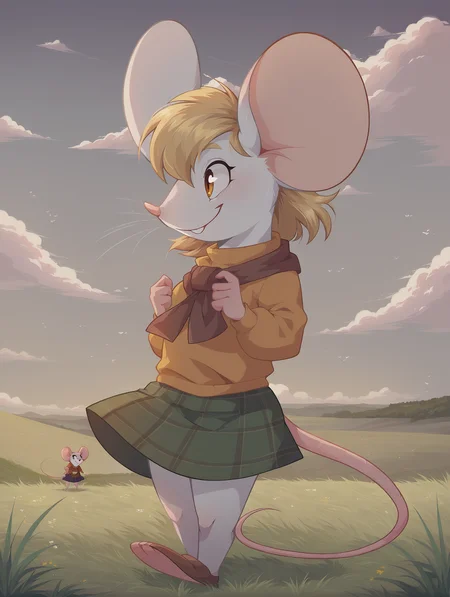 score_6_up, standing, field, smile, sky, grass, clouds, <lora:Moushley_PonyXL_1.0:1> moushley, solo, solo focus, mouse, skirt