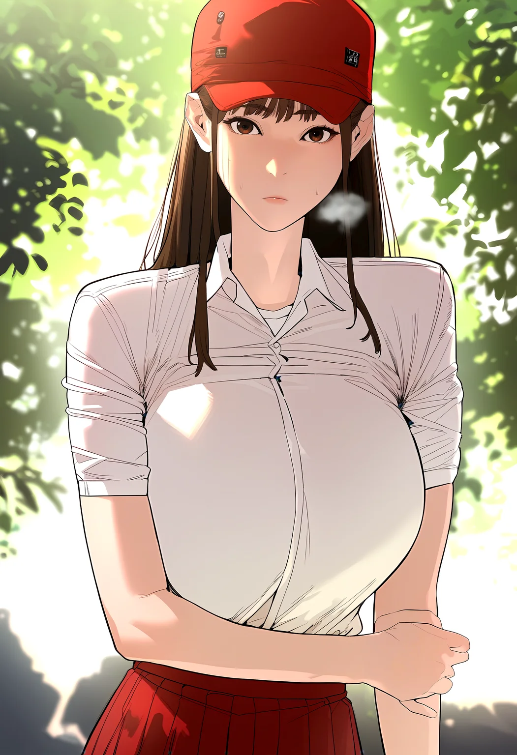 score_9, score_8_up, score_7_up, score_6_up, source_anime, rating_explicit, <lora:neg4all_bdsqlsz_V3.5:2.0>1girl, (solo:1.1), huge breasts, <lora:Choi Bo-miponyxl:1> brown hair, long hair, brown eyes, white shirt, collared shirt, short sleeves, red headwear, red skirt, expressionless, Narrow shoulders, heavy breathing, steaming body, forest, outdoors, looking at viewer