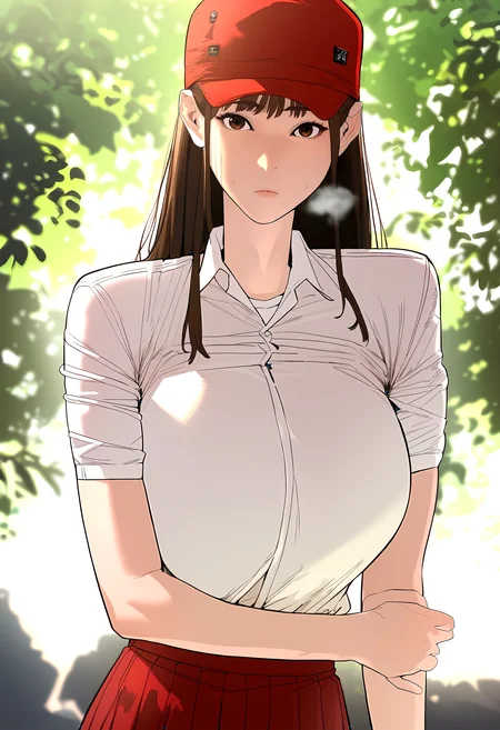 score_9, score_8_up, score_7_up, score_6_up, source_anime, rating_explicit, <lora:neg4all_bdsqlsz_V3.5:2.0>1girl, (solo:1.1), huge breasts, <lora:Choi Bo-miponyxl:1> brown hair, long hair, brown eyes, white shirt, collared shirt, short sleeves, red headwear, red skirt, expressionless, Narrow shoulders, heavy breathing, steaming body, forest, outdoors, looking at viewer