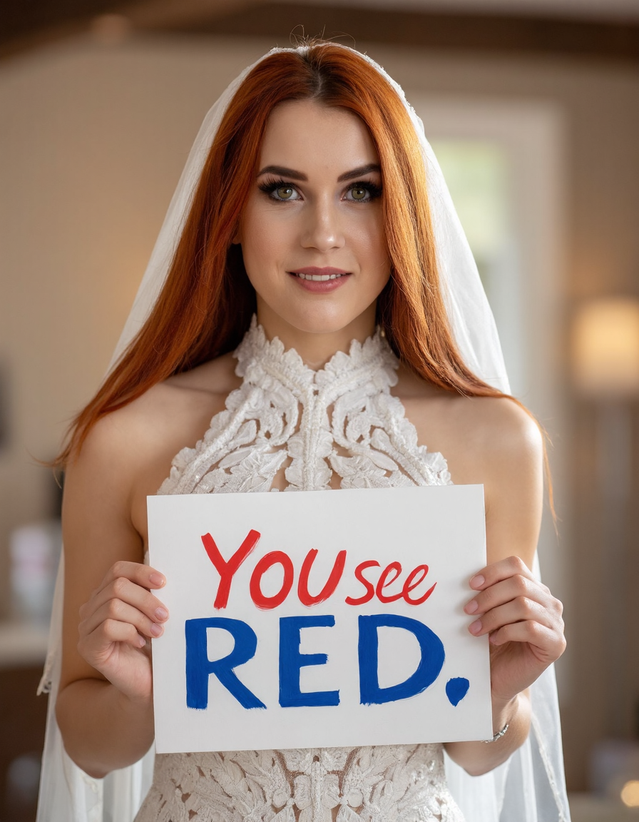 High quality photo of a beautiful woman in a high neck wedding dress, the bride is holding a sign with "You see RED" in red and blue letters. She is looking at viewer