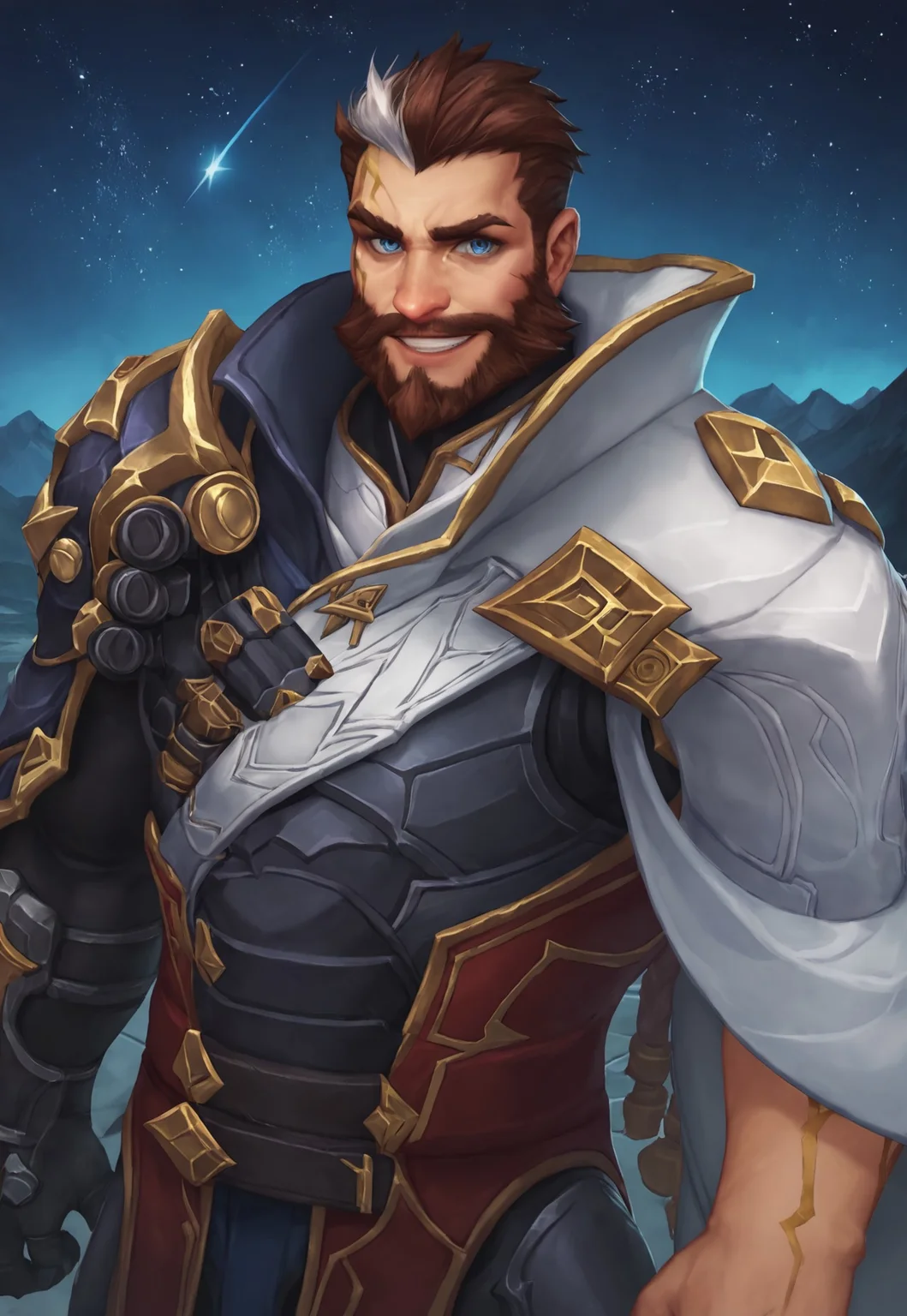 score_9, score_8_up, SentinelGraves, two-tone hair, white hair, brown hair, short hair, blue eyes, muscular, facial hair, beard, gold marks on right side of face, aiguillettes, pauldrons, armor, gold marks on arms, upper body, gauntlet on right hand, belt, dynamic pose, looking at viewer, smile, detailed background, sci fi, stars, mountain range, night, dutch angle, striking a pose,