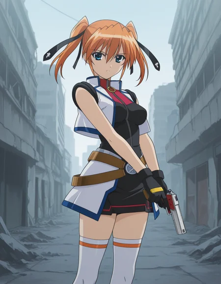 official style,Teana Lanster, orange hair,twintails,,,blue eyes,gloves, magical girl, (cross arms in front:1.4),handgun,white thighhighs,belt,standing,abandoned city,ruins city,sky,day,(anime screencap), 2d cel anime,anime cap,anime,anime style,anime cel,cell shaded,soft brightness,perfect face,perfect nose, perfect hair, perfect eyes,perfect female body,perfect skin,a face of perfect proportion,perfect lighting,perfect anatomy,perfect proportion,perfect hands,perfect legs,perfect fingers,masterpiece,hair between eyes,medium breasts,perky breasts,best quality,very aesthetic,absurdres,16k,intricate detail,amazing quality,(bold:3.12),thick outline,black outline,harsh lines,soft lines,deluster,boldline,curvy,(anime coloring:1.2), serious,,slim,looking at viewer,super fine illustration,detailed linework,vibrant colors,kawaii,flat color, <lora:Magical_Girl_Lyrical_NANOHATeana_Lansterillustriouséæ³å°å¥³ãªãªã«ã«ãªã®ã¯ãã£ã¢ãã©ã³ã¹ã¿ã¼illustrious:1:0.8>