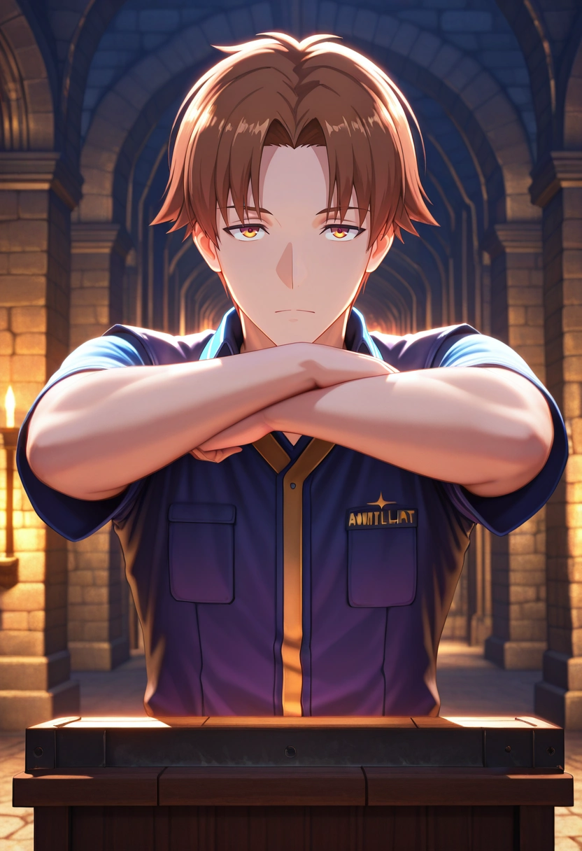 masterpiece, best quality, , (3d:0.4), looking at viewer, 1boy, solo, male focus, <lora:kiyotaka_ayanokouji_ilxl:0.98>, kiyotaka_ayanokouji, brown hair, brown eyes, short hair, bangs, parted bangs, , ancient forge, ember tools, glowing anvils, smoky halls, crafting pose, skillful expression, twilight heat,