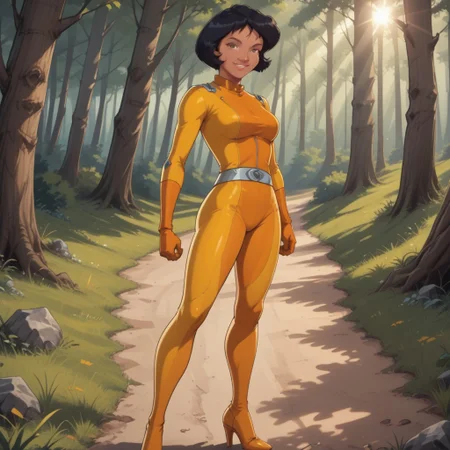 score_9, score_8, BREAK, solo, Alex_(Totally_Spies), short hair, black hair, bob cut, brown eyes, dark skin, dark skin female, yellow latex bodysuit, belt, skin tight, yellow gloves, high heels, sexy pose, self portrait, smile, looking at viewer, outdoors, sunlight, shadows, evening lighting, natural lighting, forest, trees, grass, orange sky, sunset