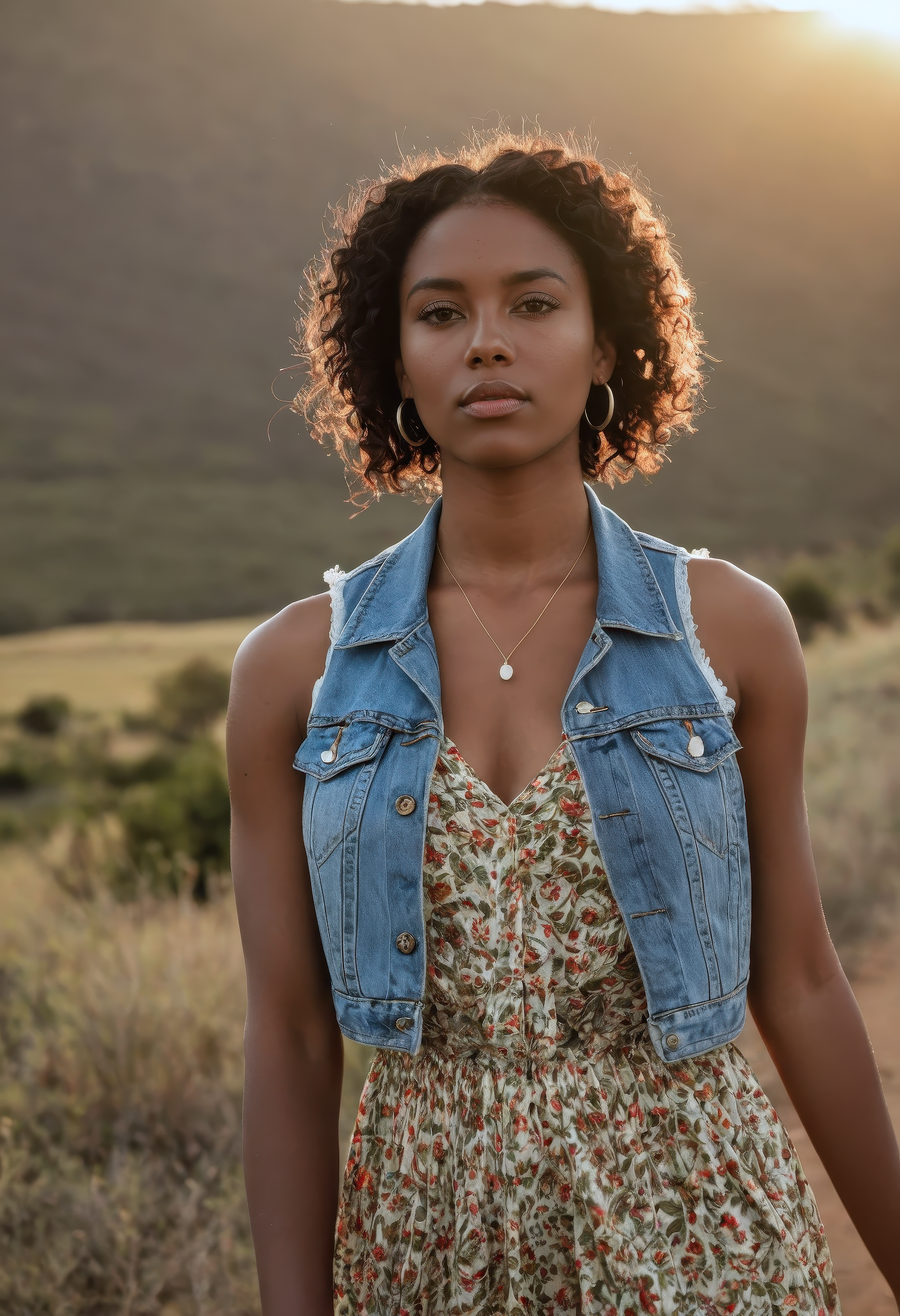 sdxl_lenruadi, cinematic photo, wearing a denim vest with floral print maxi dress, perfect sisterloc hair, under golden sunrise haze, bohemian editorial with lens haze, flare, and soft vintage focus
