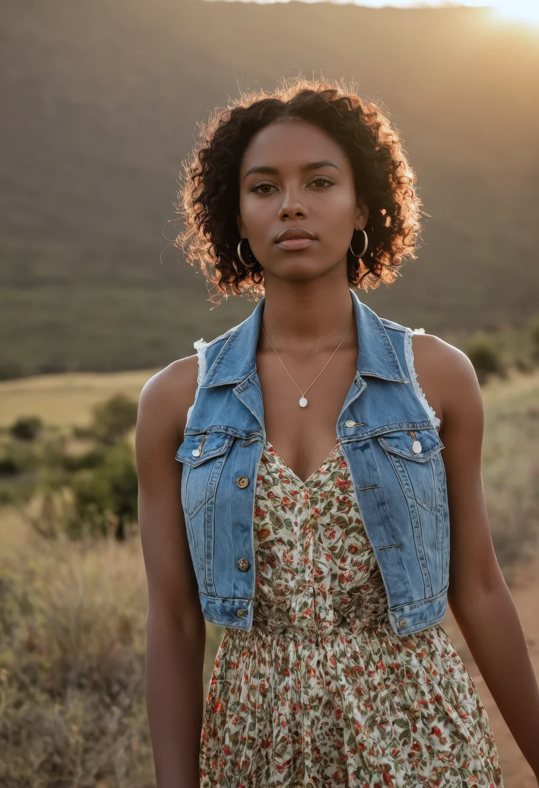 sdxl_lenruadi, cinematic photo, wearing a denim vest with floral print maxi dress, perfect sisterloc hair, under golden sunrise haze, bohemian editorial with lens haze, flare, and soft vintage focus