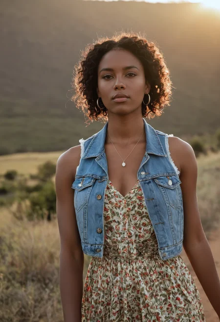 sdxl_lenruadi, cinematic photo, wearing a denim vest with floral print maxi dress, perfect sisterloc hair, under golden sunrise haze, bohemian editorial with lens haze, flare, and soft vintage focus
