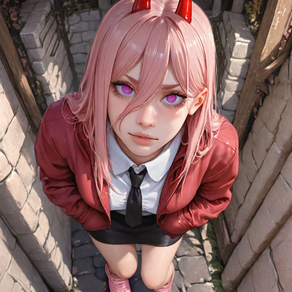 (medieval style, (medieval town, medieval background) score_9, score_8_up, score_7_up, score_6_up, masterpiece, best quality, newest, absurdres, highres, traditional media, 1girl, HANA4, black necktie, necktie, solo, medium hair, purple eyes, pink hair, shirt, jacket, white shirt, skirt, pink footwear, collared shirt, shoes, power \(chainsaw man\), hands in pockets, facing viewer, looking at viewer, leaning forward, close-up, red jacket, from above, upturned eyes, close-up,portrait (medieval style)