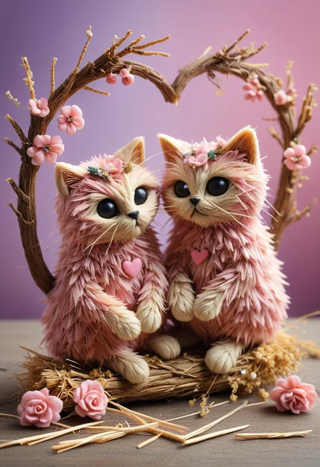 ((Halloween style)) masterpiece, best quality, absurdres, cats made of Straw sitting on a tree branch, facing each other in an intimate and harmonious pose. They are surrounded by delicate, blooming branches with small flowers, adding a serene and romantic atmosphere. The background is softly blurred, focusing the viewer's attention on the cats and their interaction. The lighting is soft, emphasizing the texture of their fur and the gentle ambiance of the scene. pink heart in front of them, ((everything made out of Straw))