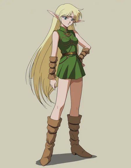 score_9, score_8_up, score_7_up, score_6_up, anime screencap, retro artstyle, 1990s \(style\), anime coloring, highly detailed, deedlit, blonde hair, very long hair, green eyes, elf, pointy ears, medium breasts, circlet, sleeveless, green dress, short dress, brown bracers, brown boots, full body, standing, <lora:Deedlit (3):0.8>
