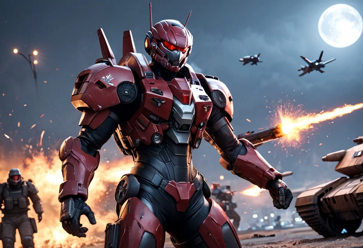 score_9, score_8_up, score_7_up, detailed photorealistic image, detailed face, 4K, 8K, absurdres, sci-fi, 1girl, solo, bangs, on a battlefield in a moon city, red armor, ripped and torn bodysuit, skin tight, holding, firing railgun, firing weapon, closeup of face, photography, detailed face, mecha armour, focus on face, BREAK
surrounded by other soldiers, explosions, armored vehicles, aircraft, skyscrapers, high contrast, at night, neon lights
