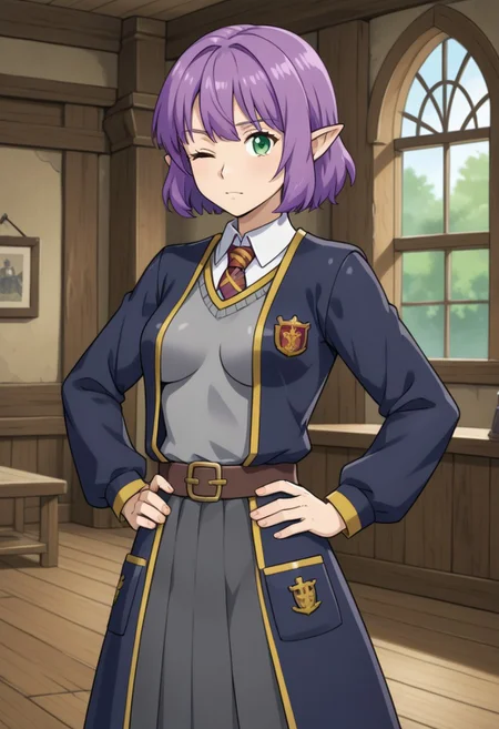 1girl, solo, noelgm2, purple hair, short hair, green eyes, pointy ears, medium breasts,gryffindor_style_clothes, hogwarts school uniform, standing, hands on hips, one eye closed, indoors, wooden house, open clothes,