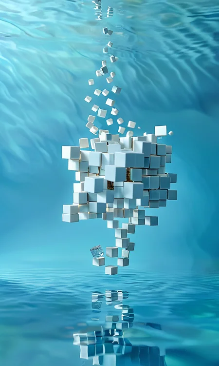 cube impression, digital art, 3D rendering, floating cubes, disintegration effect, water reflection, calm water, abstract, surreal, tranquil scene, nature background, soft light, cool color palette, detailed texture, photorealistic, visual metaphor, modern art, creative concept, peaceful, depth of field, high-resolution image,<lora:cube_XL:0.8>