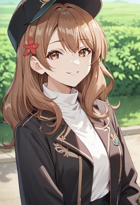 score_9, score_8_up, score_7_up, source_anime,maria mikhailovna kujou, brown hair, long hair, brown eyes, 1girl, hat, solo, hair ornament, hair flower, flower, looking at viewer, smile, black headwear, upper body, jacket, black jacket, anime coloring
