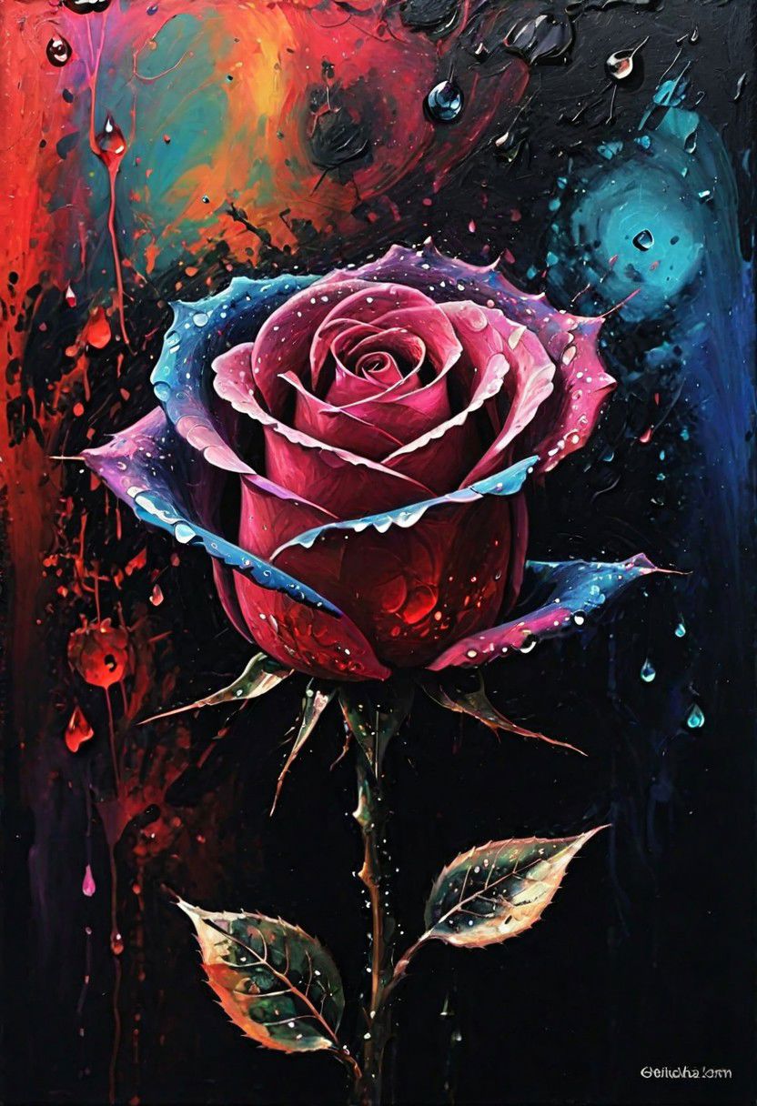 (Impressionism: 1.5), (abstract acrylic painting), macro photo, sparkling magical fantasy glass rose dewdrop, very detailed, amazing quality, intricate, cinematic light, highly detail, beautiful, surreal, dramatic, galaxy fantasy colors, realism, modern art, abstraction, absurdity, acrylic painting on canvas, (silhouette in strokes: 1.6)