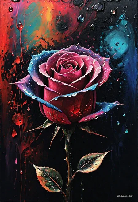 (Impressionism: 1.5), (abstract acrylic painting), macro photo, sparkling magical fantasy glass rose dewdrop, very detailed, amazing quality, intricate, cinematic light, highly detail, beautiful, surreal, dramatic, galaxy fantasy colors, realism, modern art, abstraction, absurdity, acrylic painting on canvas, (silhouette in strokes: 1.6)