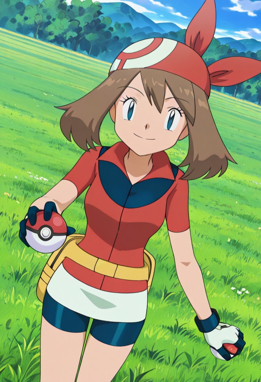 general,highres, ultra-detailed,very aesthetic,best quality ,best hands,best eyes,easynegative,
dynamic anglre, dutch angle, anime cloring,
1girl solo,looking at viewer,outdoors,meadow, poke ball,holding poke ball,smile,
May,brown_hair, blue_eyes, short hair, short bang,bandana,red shirt,short pants,