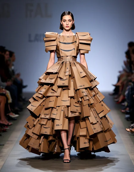 fashion photograph, fashion runway, a woman wearing a dress made of brown cardboard amazon boxes