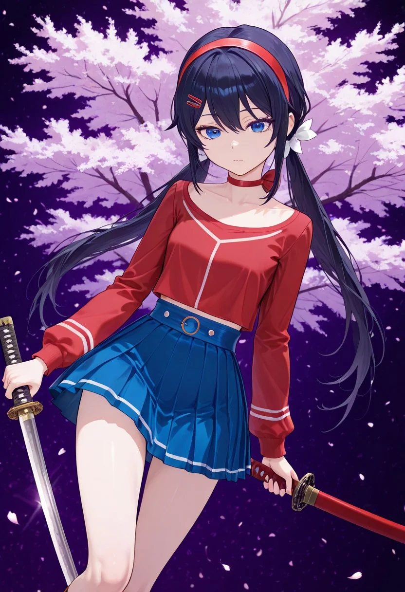 mita,1girl, solo, petite, hair ornament, perfect, sexy, twintails, red choker, red hairband, long hair, blue eyes, black hairs, blue skirt, white bows, two ordinary small red clips, red shirt,
holding a katana under sakura tree, sakura petals falling, colorfull galaxy background