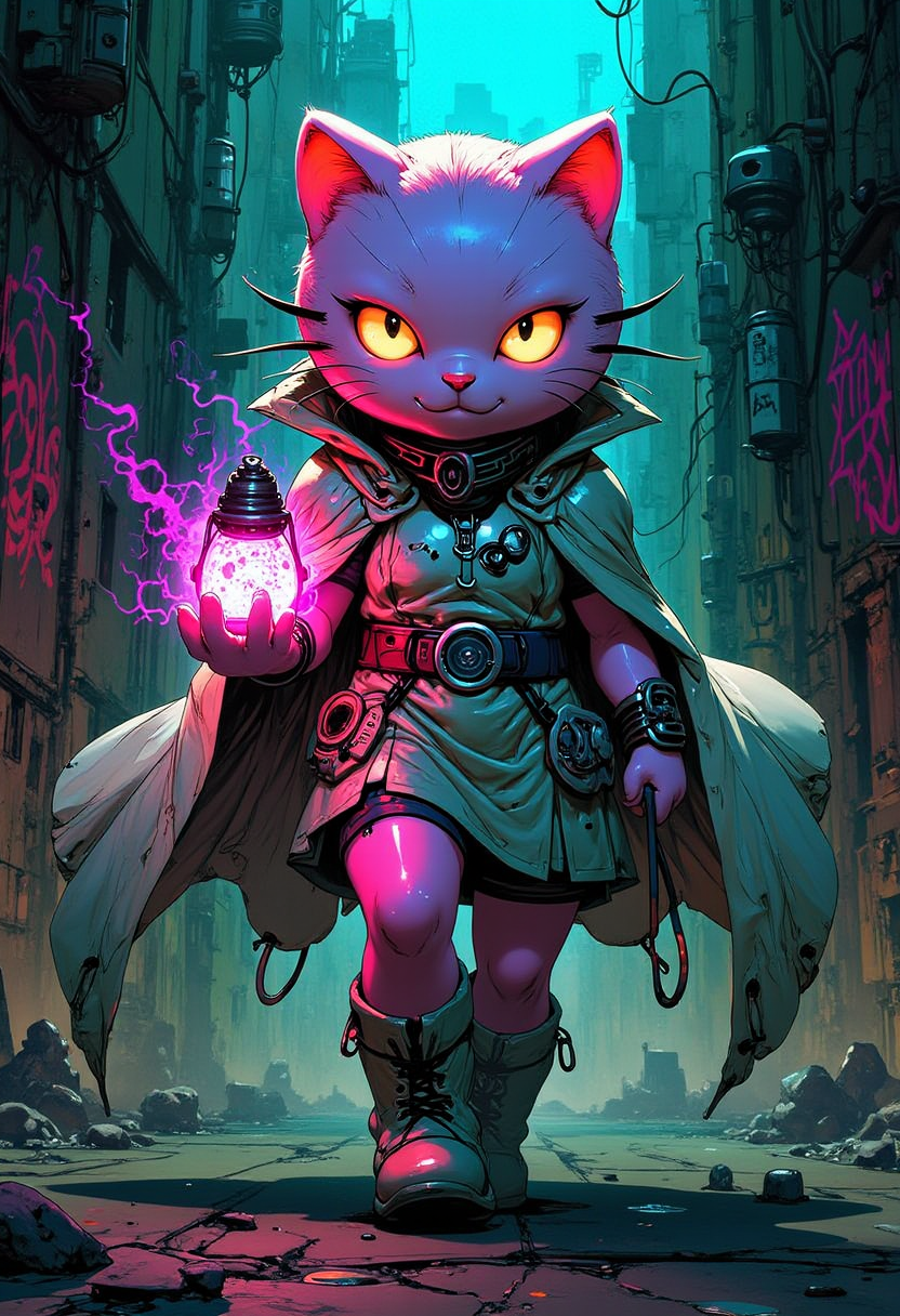 In a vivid reimagining, Hello Kitty traverses an eerie, cyberpunk metropolis. The cityscape, reminiscent of Simon Stålenhag's work, is bathed in neon hues of electric blue and green, contrasting starkly with the grimy, decaying buildings adorned with graffiti tags by Banksy. A thick mist swirls around her, giving an otherworldly aura to the scene. Hello Kitty's fur is a striking magenta, her eyes an intense cyan, and she wears a sleek, metallic silver cloak that billows dramatically behind her like a cape from a Frank Frazetta painting. In her hand, she clutches a futuristic lantern emitting an ethereal glow of violet light, casting eerie shadows on the crumbling walls. The dynamic pose accentuates her movement through the desolate street, evoking a sense of loneliness and defiance in this harsh, dystopian landscape, creating a high-quality masterpiece filled with intricate details that immerses the viewer in its bleak beauty., PosingDynamicsDaal,