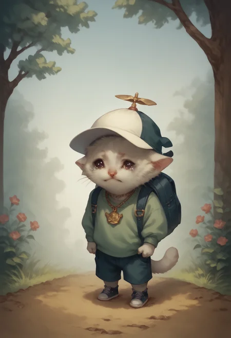 zPDXL, hi res, outside, park
BREAK solo, animal, male, anthro feline, sad cat meme cat, (chibi, smaller male:1.2), young, slim, white body, fluffy, teary, nshappycap hat, gangster, sweater, shorts, sneakers, backpack, gold neck chain, dollar sign, jewelry
<lora:scoreSlider_ponyXL_v10:1> <lora:SadCatMeme_ponyXL_v10:0.8> <lora:PropellorHat_NSHappyCap_ponyXL_v10:1> <lora:11ng3z0_ponyXL_v10:1>