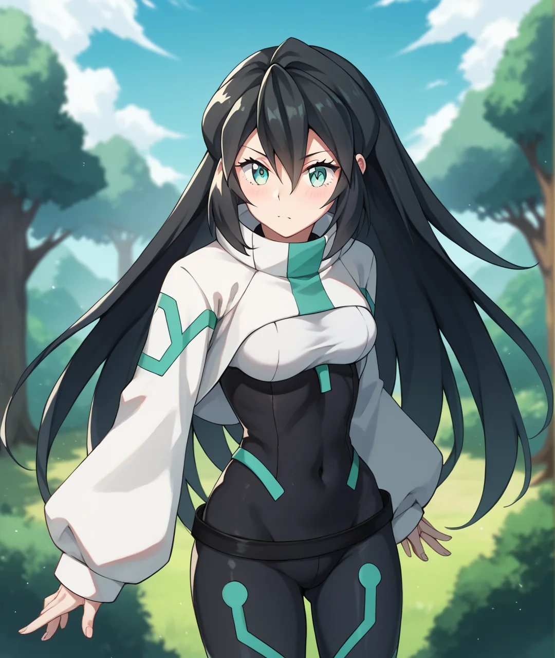 score_9, score_8_up, score_7_up, score_6_up, score_5_up, score_4_up, BREAK source_anime,
<lora:May_PONY:1>,may, 1girl, solo, long hair, aqua eyes, black hair, hair between eyes, black bodysuit,shrug \(clothing\),