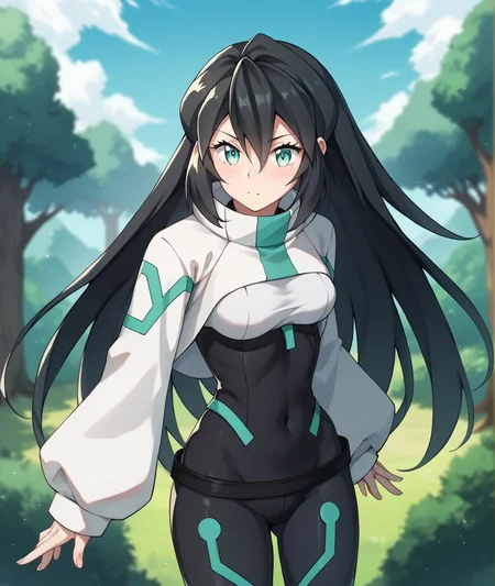 score_9, score_8_up, score_7_up, score_6_up, score_5_up, score_4_up, BREAK source_anime,
<lora:May_PONY:1>,may, 1girl, solo, long hair, aqua eyes, black hair, hair between eyes, black bodysuit,shrug \(clothing\),