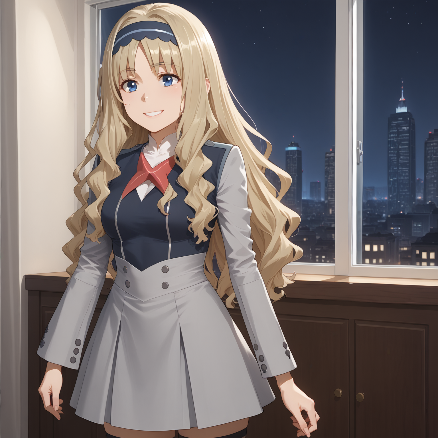 <lora:Kokoro Code 556 - Darling in the Franxx-000020:1>, 1girl, solo, Kokoro556, blue hairband, blue eyes, blonde hair, long hair, uniform, black socks, cowboy shot, night, bedroom, window, cityscape, best quality, smile,