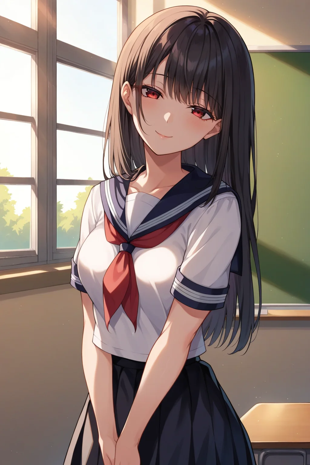 score_9, score_8_up, score_7_up, source_anime, 1girl, prefect lighting, very aesthetic, intricate details, highly detailed background, masterpiece, high quality, prefect hands, best quality, solo,
<lora:Touko_Nishi_Okaeri_Papa_V1:.85>, kjotouka, red eyes, dark hair, bangs, long hair, half-closed eyes,
serafuku, black skirt, short sleeves,
standing, own hands together, seductive smile, head tilt, looking at viewer,
school, classroom, window, dawn,
(Beautiful, medium Breasts:1.2), natural breasts,