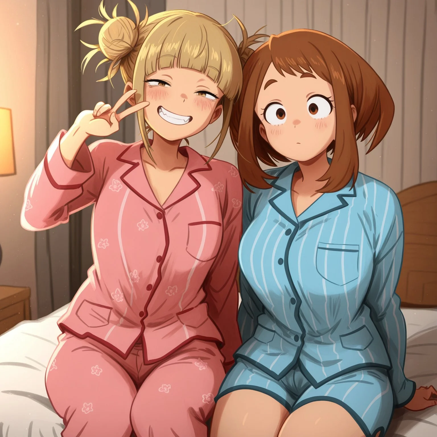 masterpiece,best quality,amazing quality,very aesthetic,absurdres,newest, huge filesize,masterpiece, best quality, good quality, newest,highly detail, khyle, 2 girls, ochako uraraka, himiko toga, pajamas, bedroom, laughung, cute, sitting on bed, side by side, happy