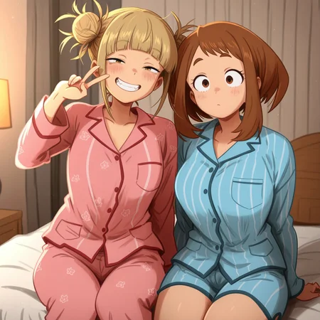 masterpiece,best quality,amazing quality,very aesthetic,absurdres,newest, huge filesize,masterpiece, best quality, good quality, newest,highly detail, khyle, 2 girls, ochako uraraka, himiko toga, pajamas, bedroom, laughung, cute, sitting on bed, side by side, happy